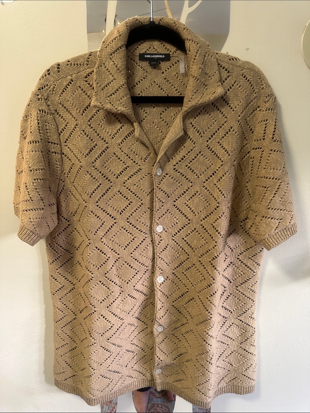 Karl Lagerfeld Beige Openwork Short-Sleeve Button-Up Knit Shirt